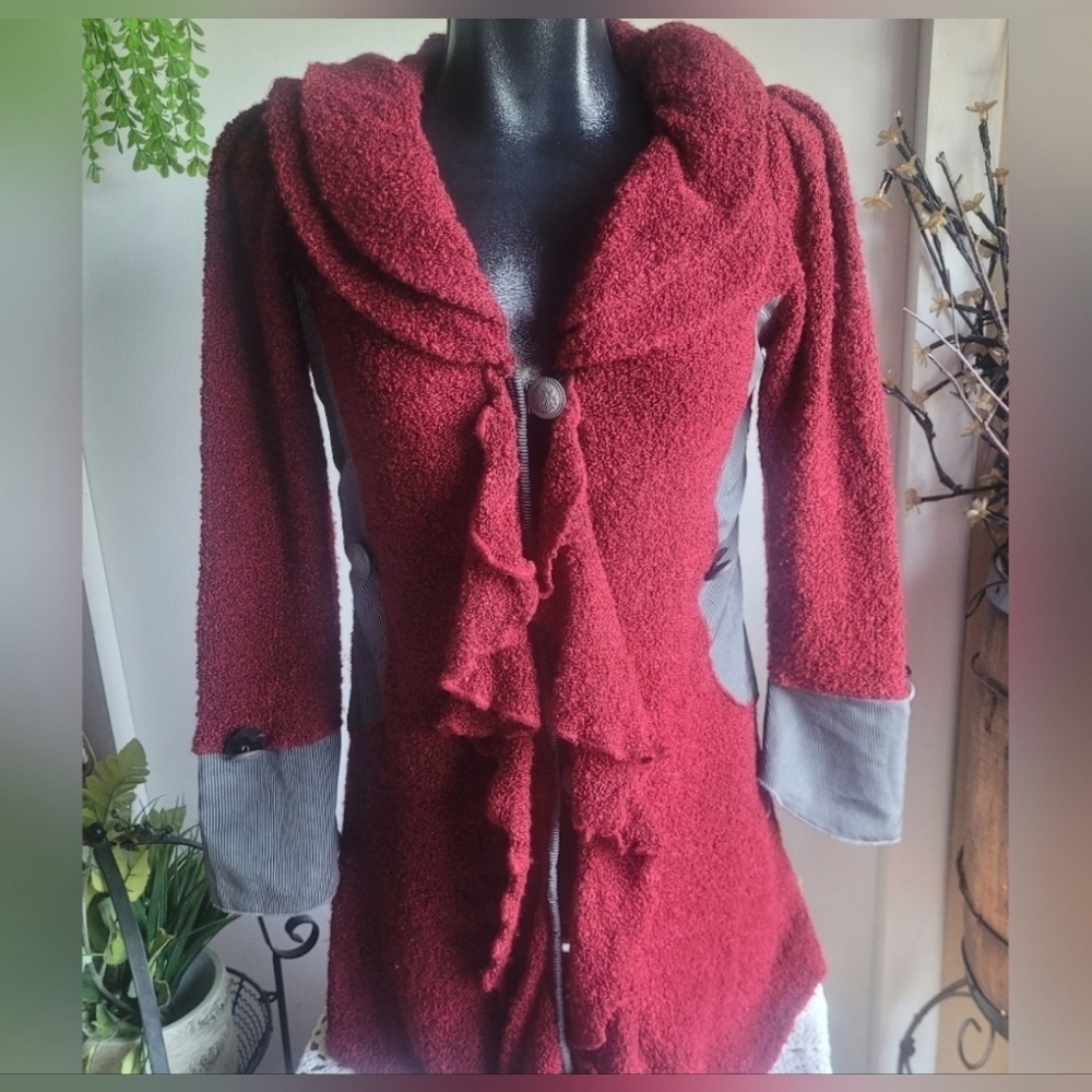 Feelings Red Ruffle Button Front Knit Whimsgoth Cardigan Sweater Size S